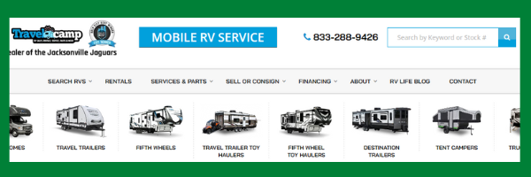 Screenshot of top of Travel Camp RV homepage showing inventory options