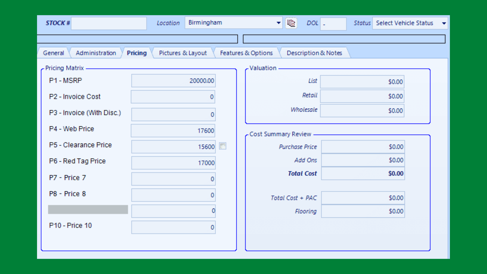 Inventory pricing screen on EverLogic Core Desktop
