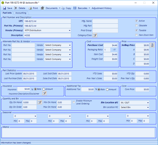 New part form in EverLogic dealership software's parts module.