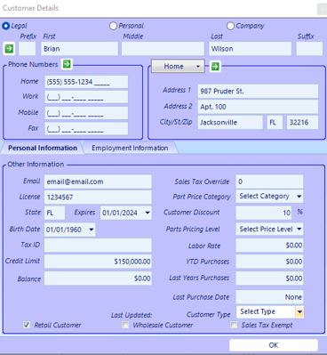 Customer details menu for Customer Management module on EverLogic's dealership management software