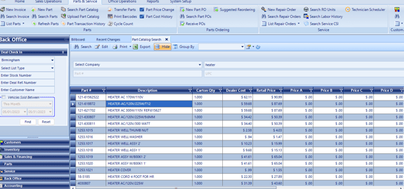 List of parts for search term 'heater' on EverLogic dealership management software